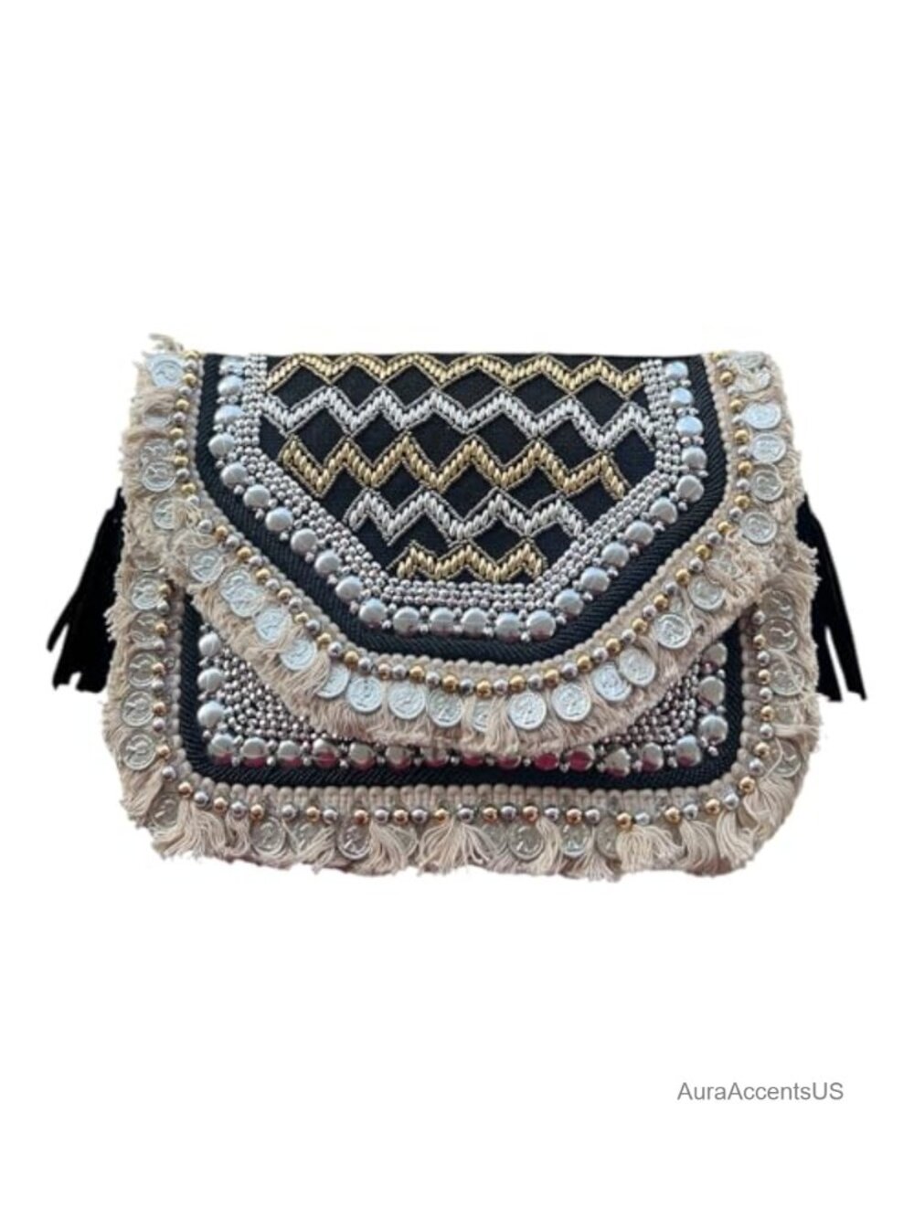 Handcrafted Boho Beaded Geometric Fringe Clutch Crossbody Evening Bag